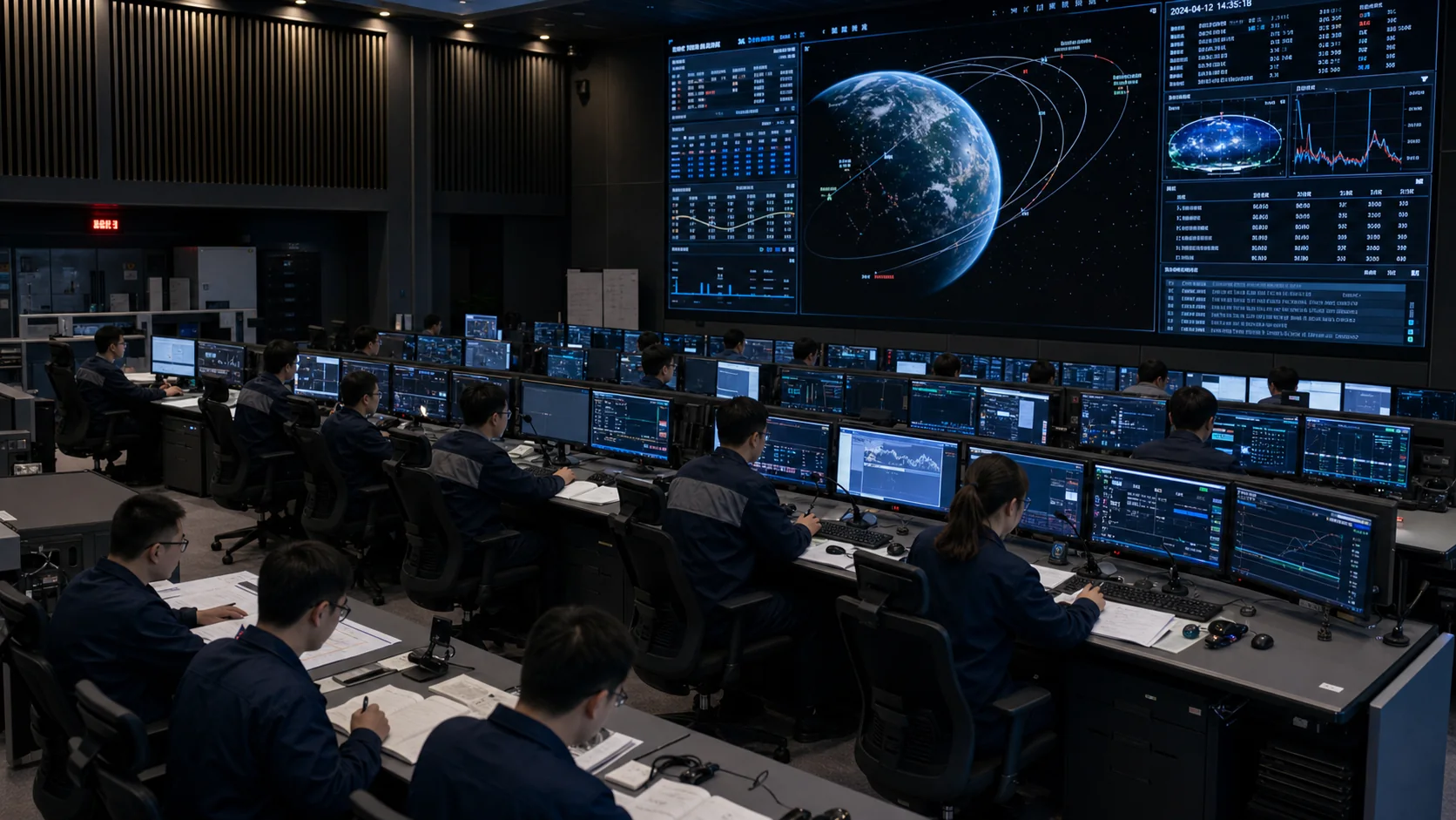 星航科技任务控制中心内的工程师正在监控轨道任务